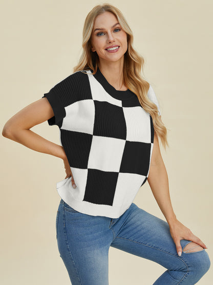 Checkered Round Neck Short Sleeve Sweater