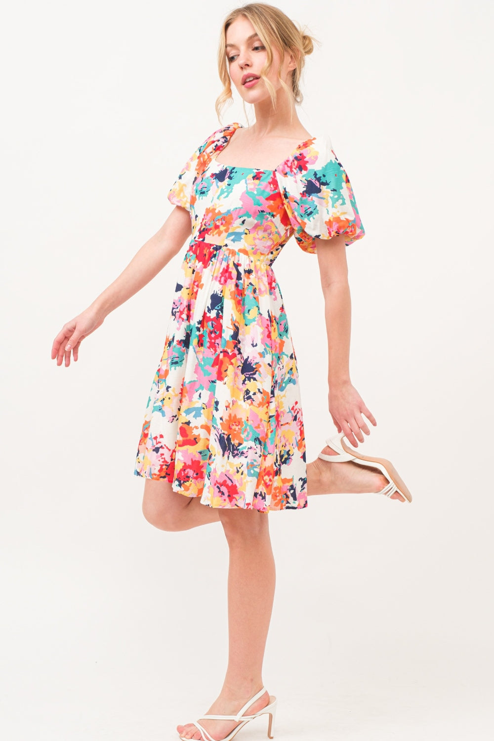 Square Neck Puff Sleeve Floral Dress