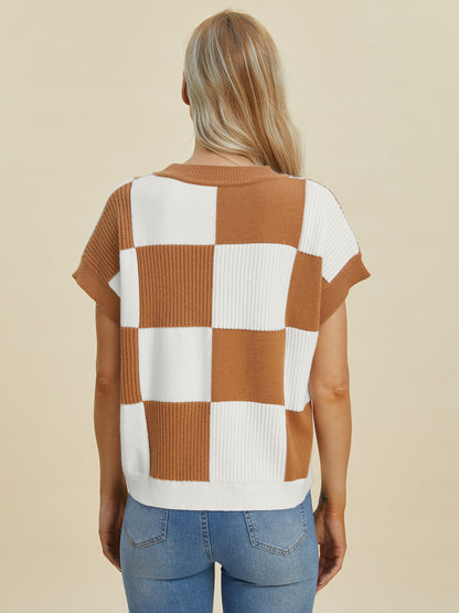 Checkered Round Neck Short Sleeve Sweater