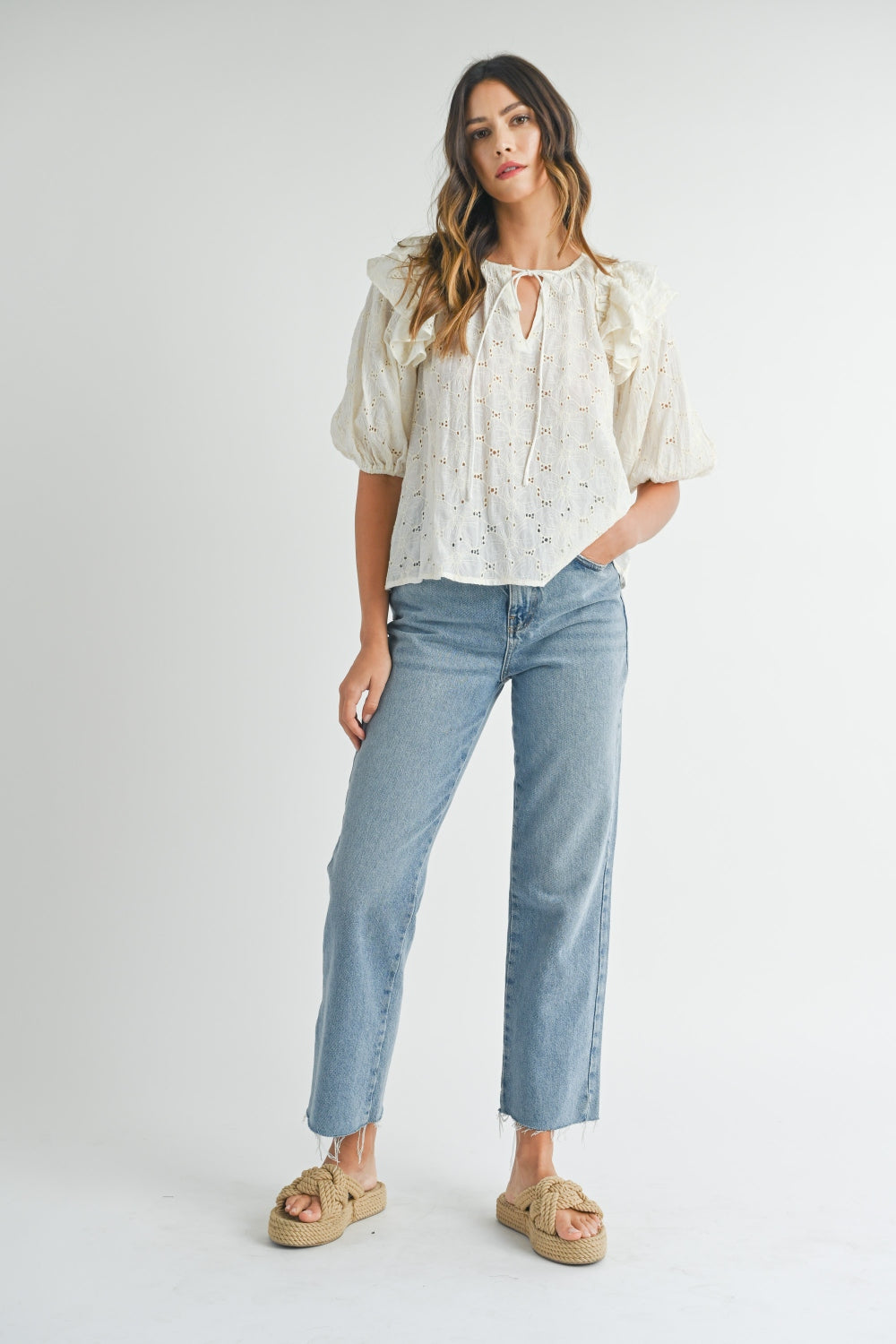 Eyelet Lace Ruffle Shoulder Puff Sleeve Blouse