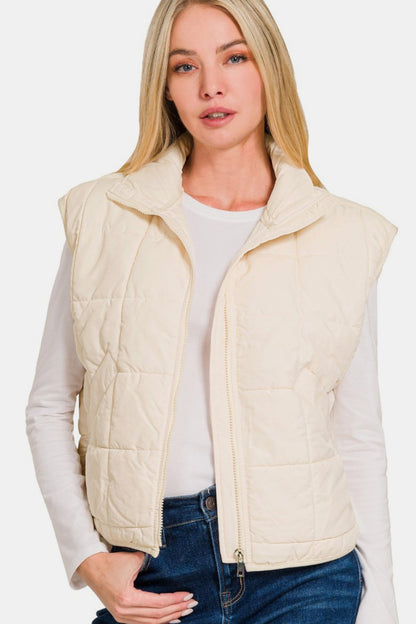 Zip Up Cropped Puffer Vest with Pockets