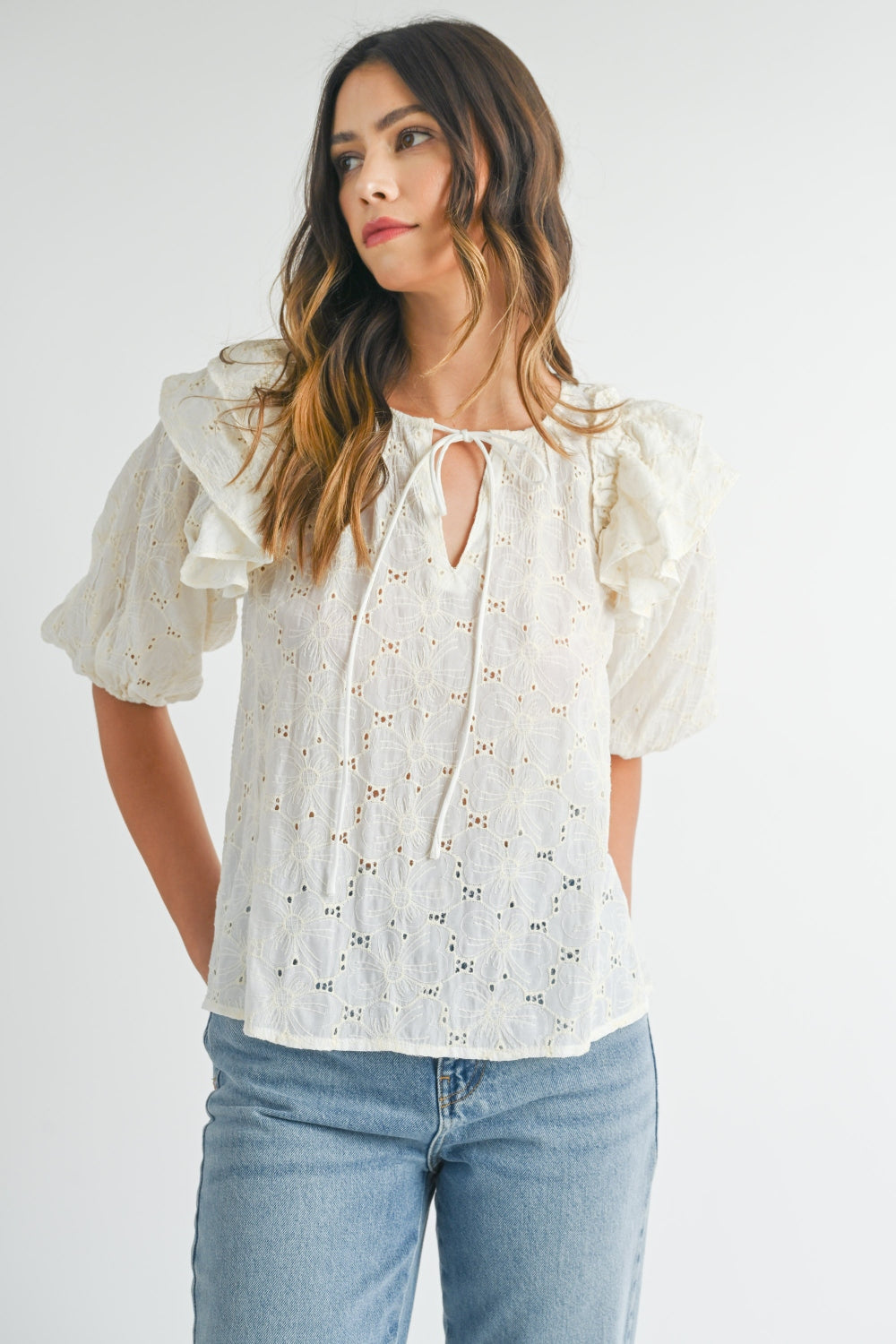 Eyelet Lace Ruffle Shoulder Puff Sleeve Blouse