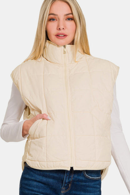 Zip Up Cropped Puffer Vest with Pockets