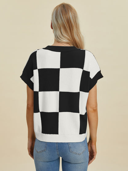 Checkered Round Neck Short Sleeve Sweater