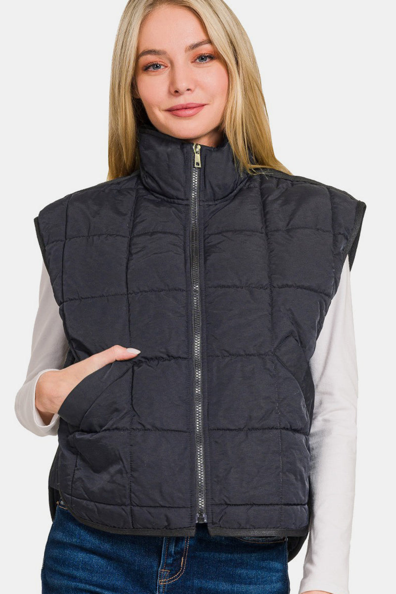 Zip Up Cropped Puffer Vest with Pockets