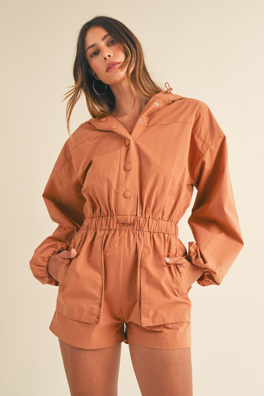 Snap Down Long Sleeve Hooded Romper