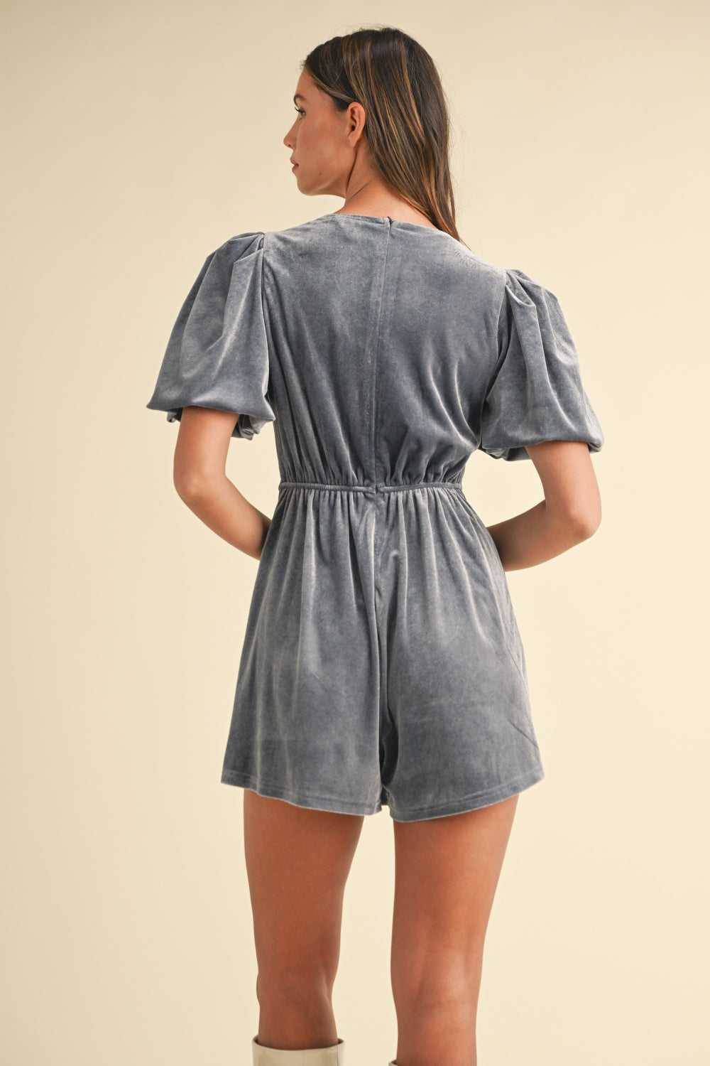 Jewel Bow Decor Puff Sleeve Velvet Romper