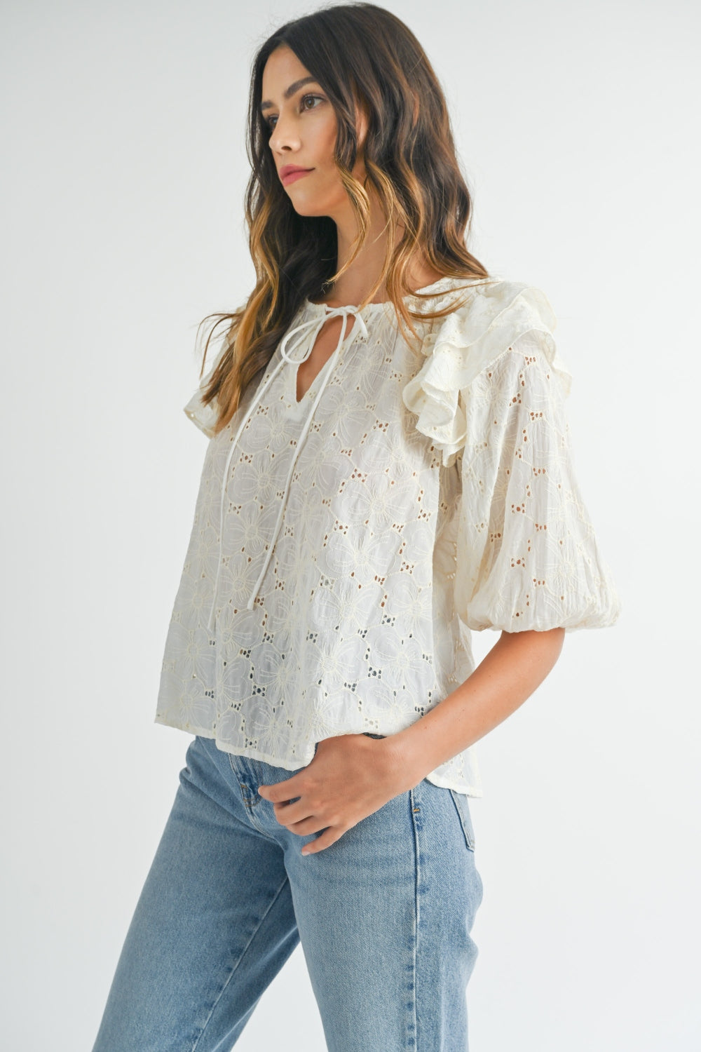 Eyelet Lace Ruffle Shoulder Puff Sleeve Blouse