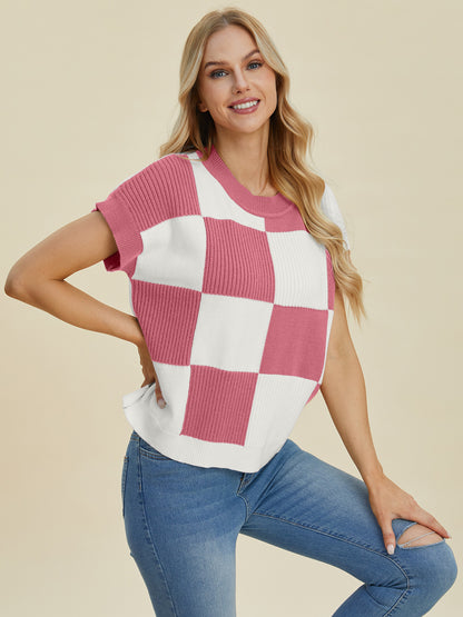 Checkered Round Neck Short Sleeve Sweater