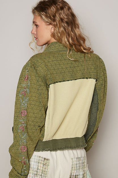 POL Embroidered Sleeve Raw Edge Quilted Jacket