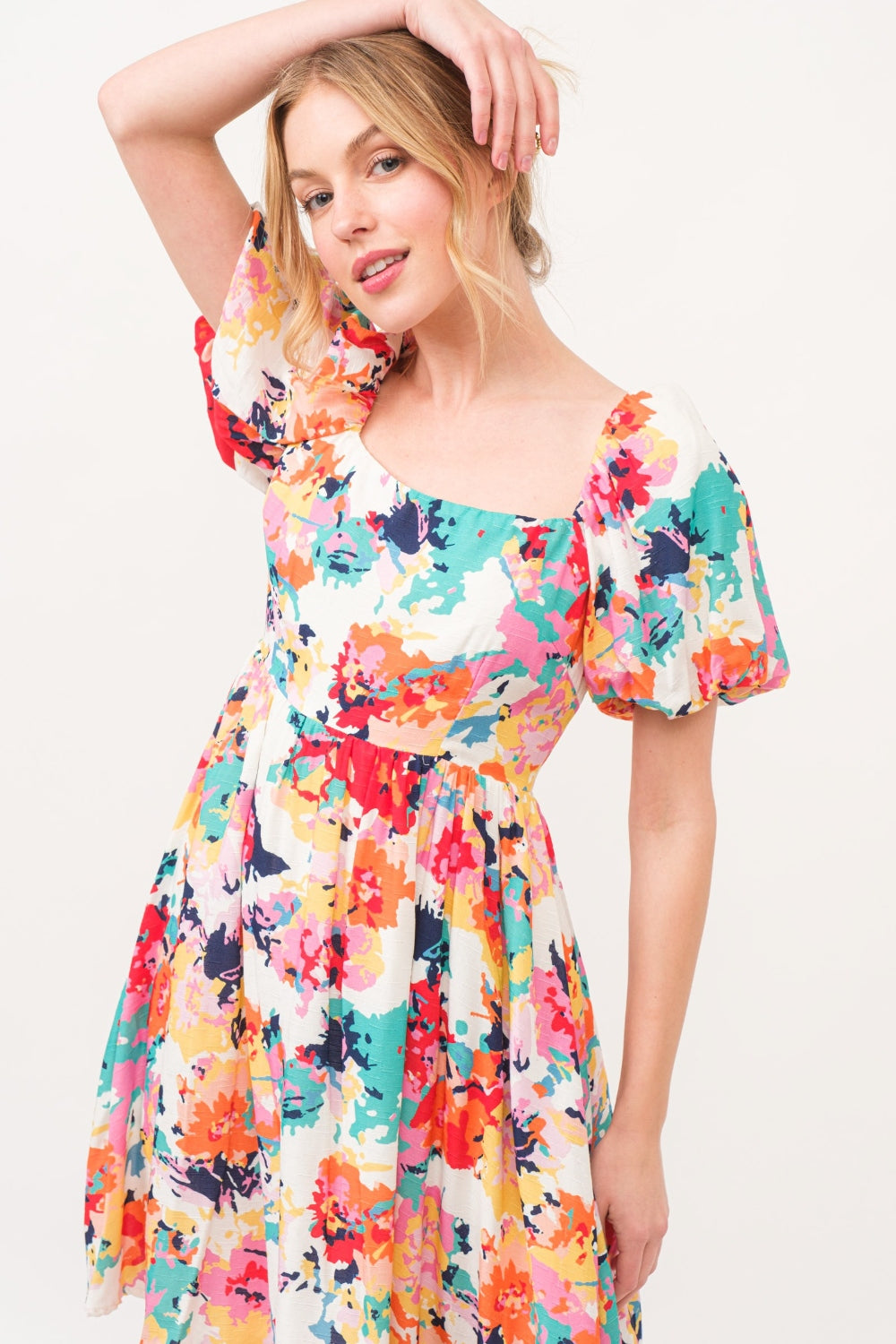 Square Neck Puff Sleeve Floral Dress