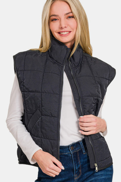 Zip Up Cropped Puffer Vest with Pockets