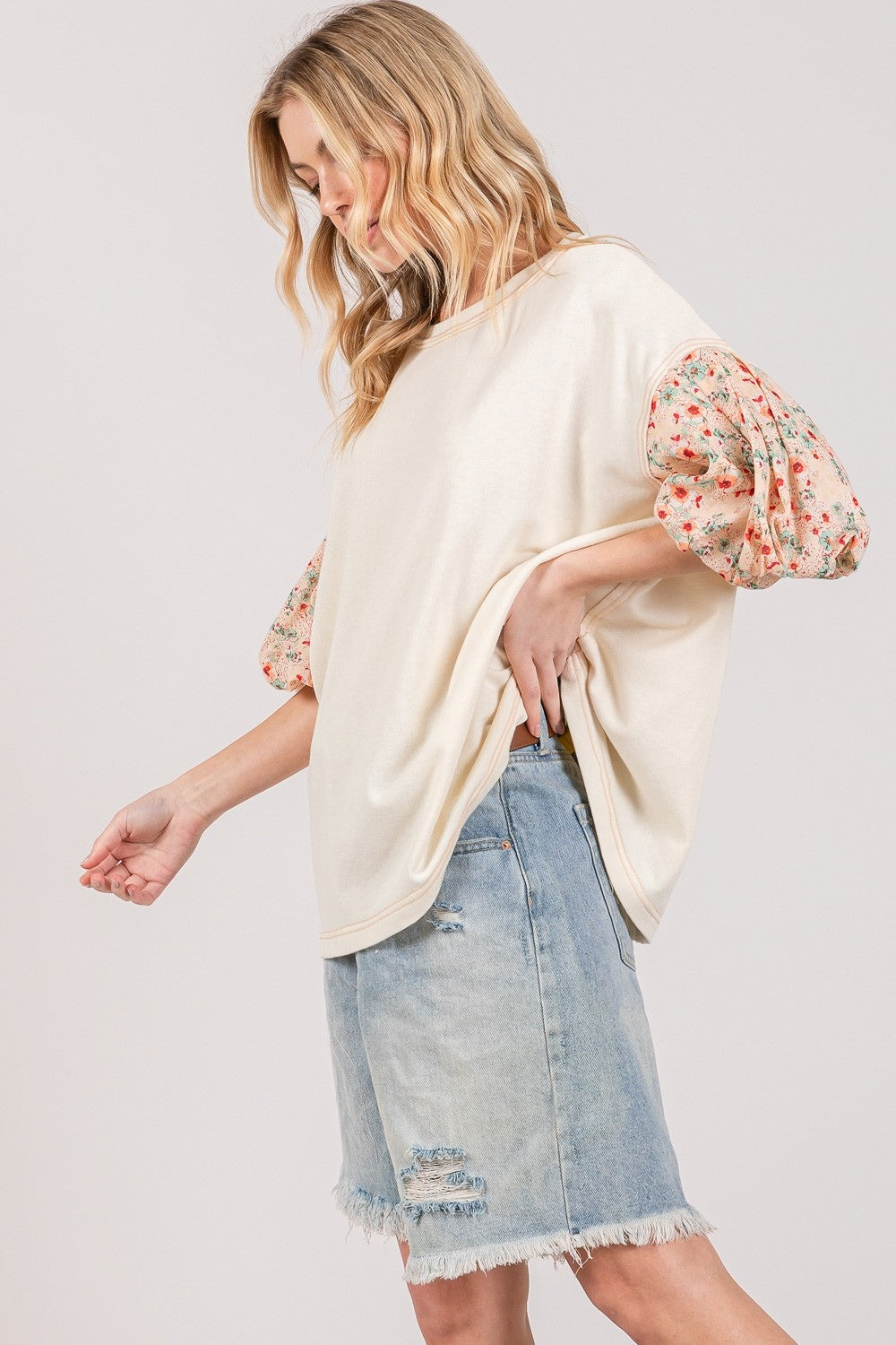 Round Neck Bubble Sleeve Oversize Top