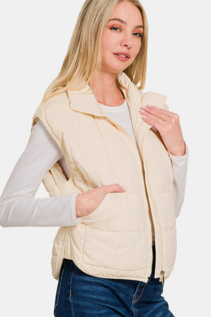 Zip Up Cropped Puffer Vest with Pockets