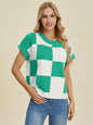 Checkered Round Neck Short Sleeve Sweater