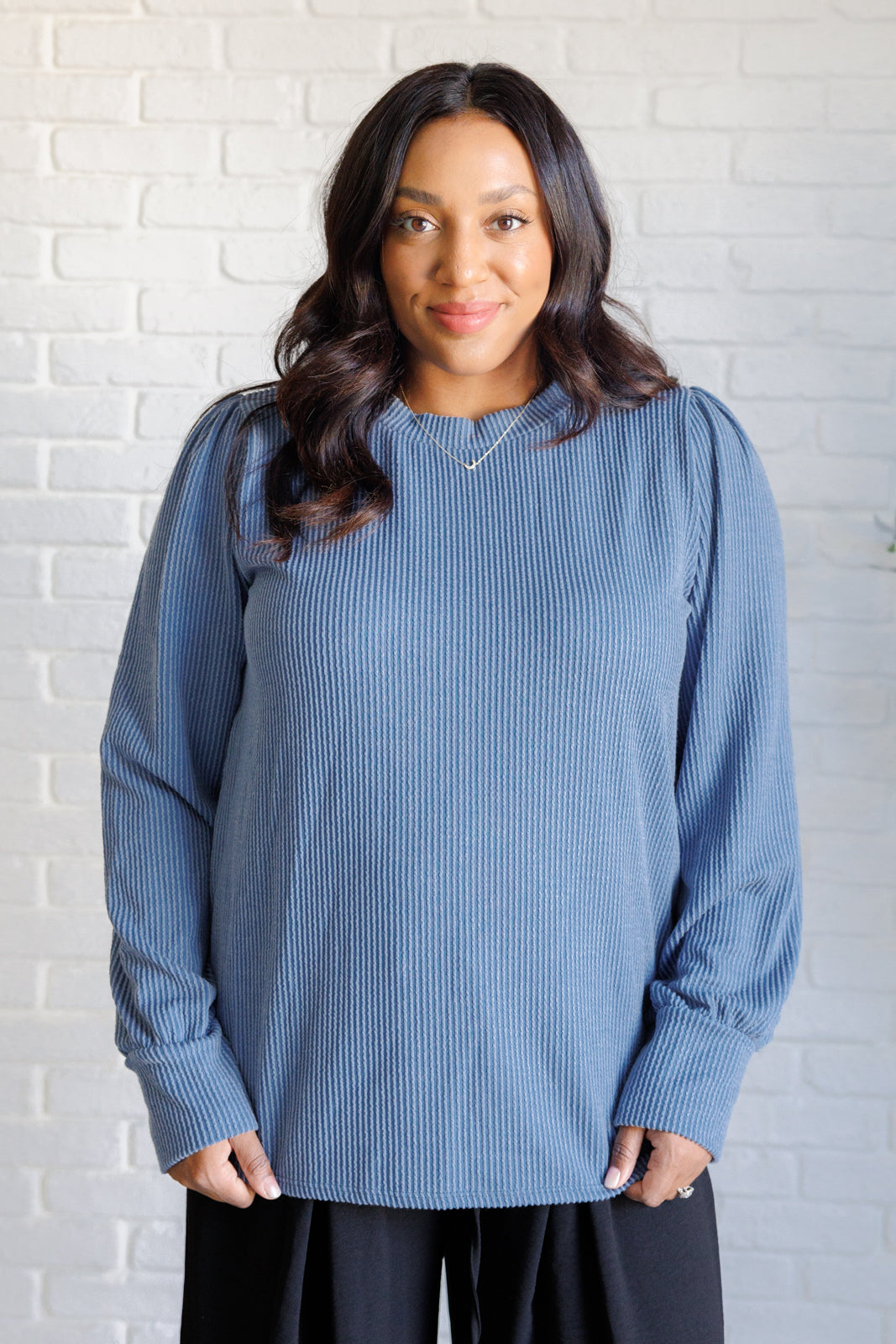 Mineral Wash Ribbed Knit Top in Vintage Denim