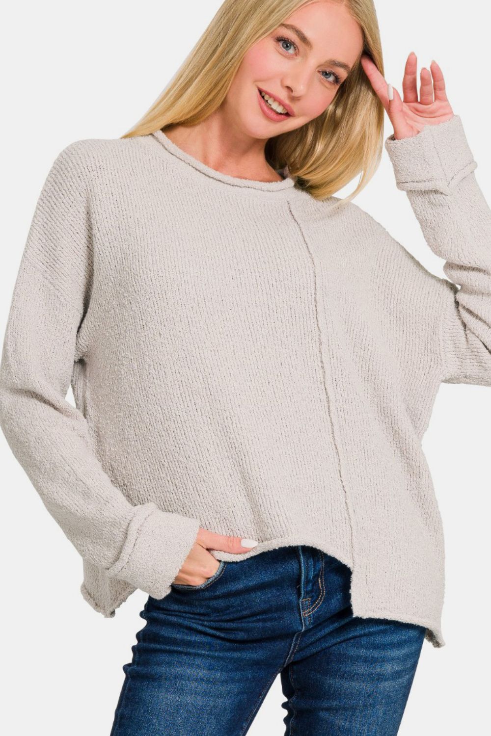 Asymmetric Hem Drop Shoulder Sweater - 28th State Boutique