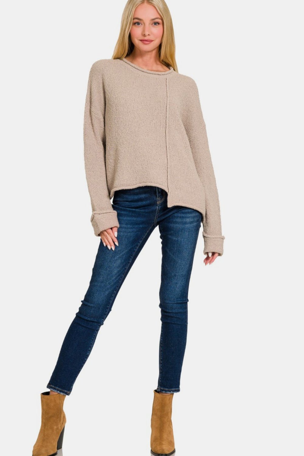 Asymmetric Hem Drop Shoulder Sweater - 28th State Boutique