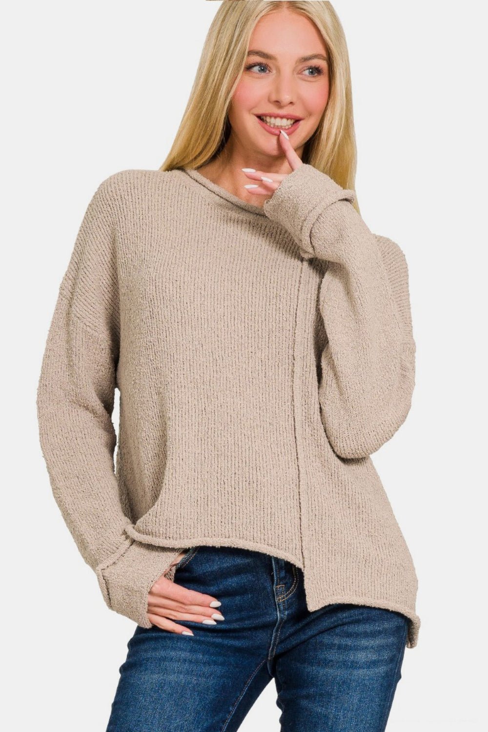 Asymmetric Hem Drop Shoulder Sweater - 28th State Boutique