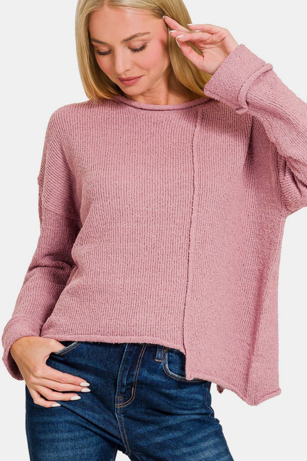 Asymmetric Hem Drop Shoulder Sweater - 28th State Boutique