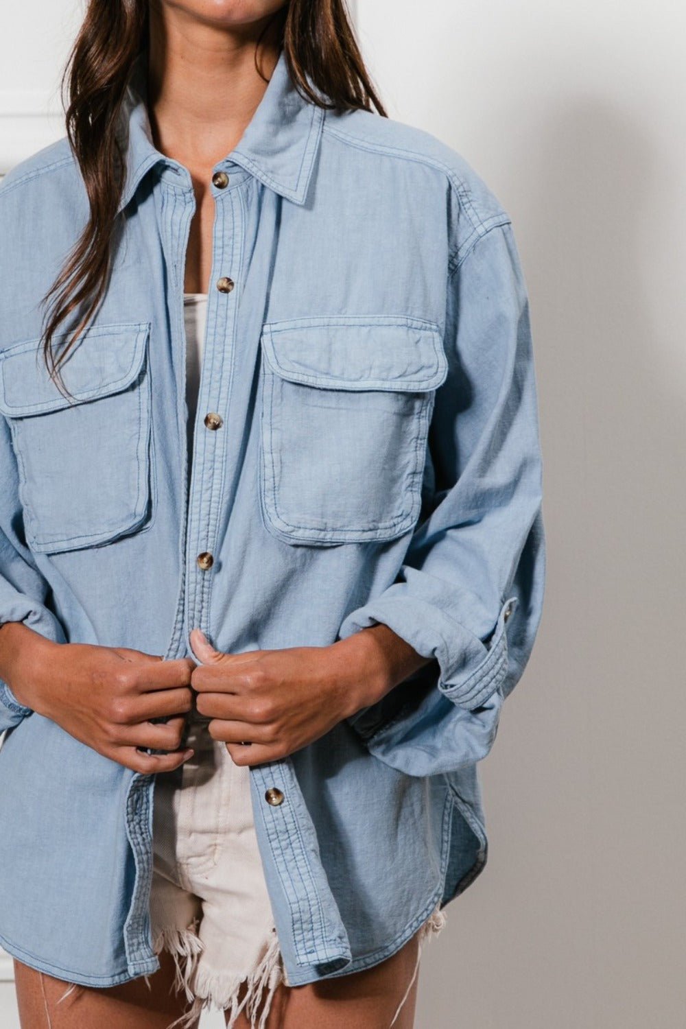 Button Down Stitch Detail Shirt with Chest Pockets - 28th State Boutique