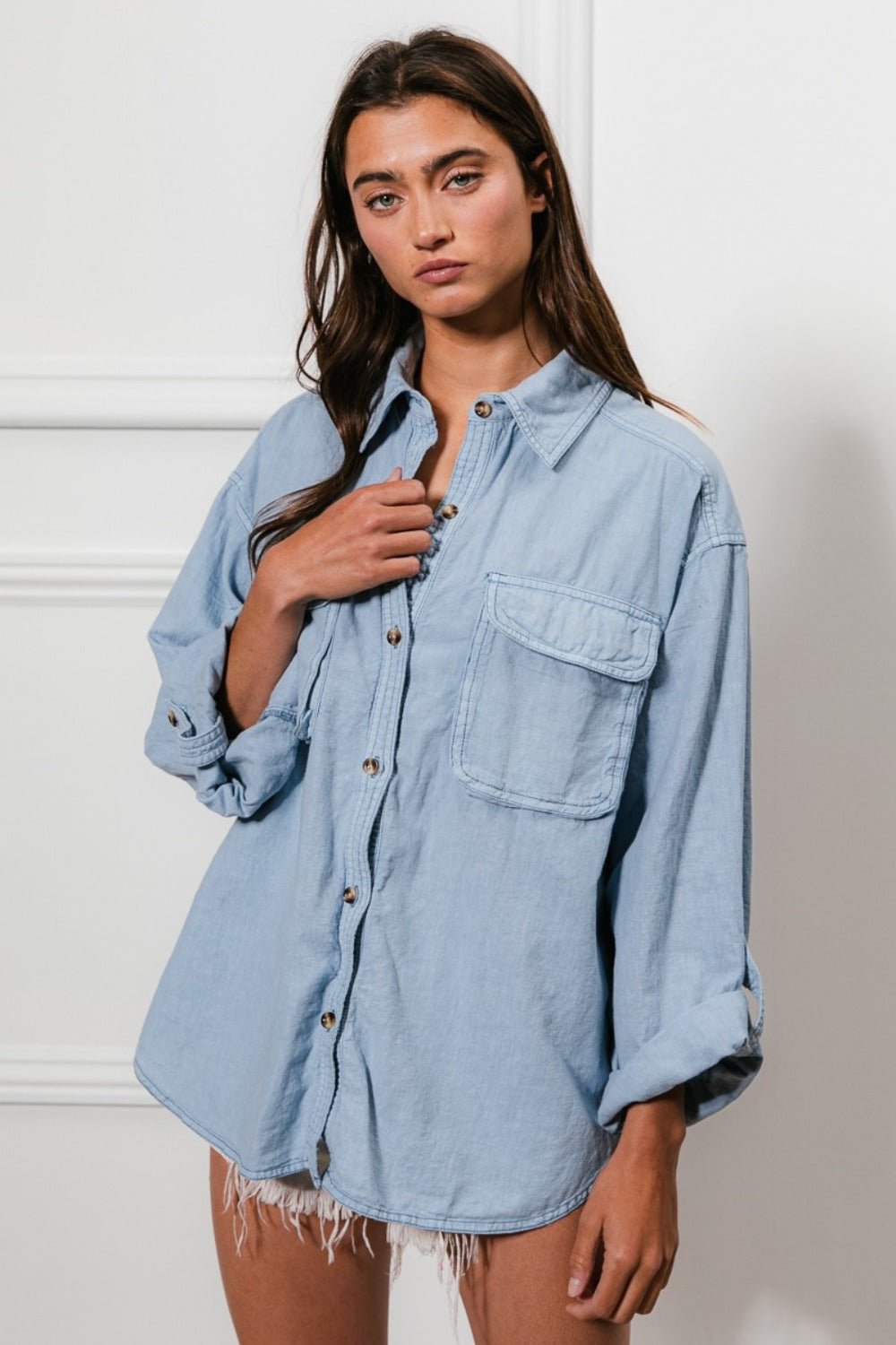 Button Down Stitch Detail Shirt with Chest Pockets - 28th State Boutique