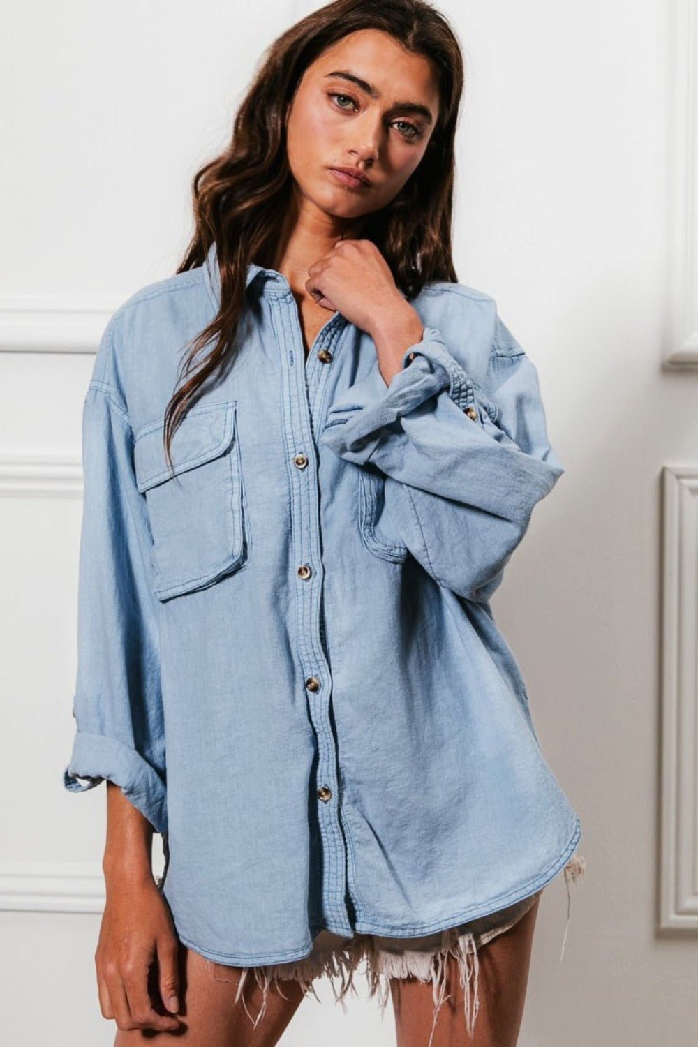 Button Down Stitch Detail Shirt with Chest Pockets - 28th State Boutique