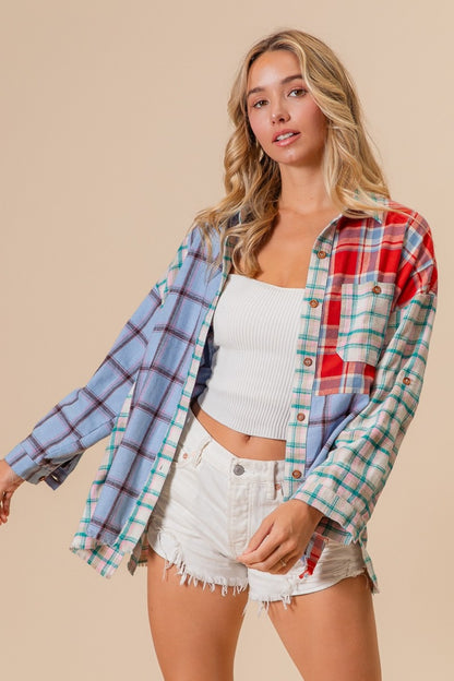 Color Block Plaid Button Down Shirt