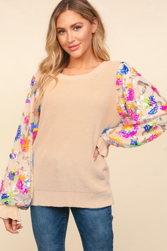 Floral Sequins Mesh Flounce Sleeve Sweater