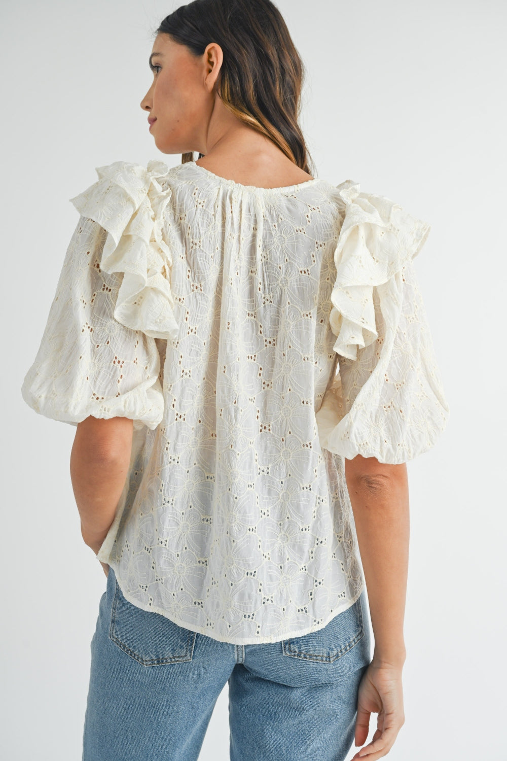 Eyelet Lace Ruffle Shoulder Puff Sleeve Blouse