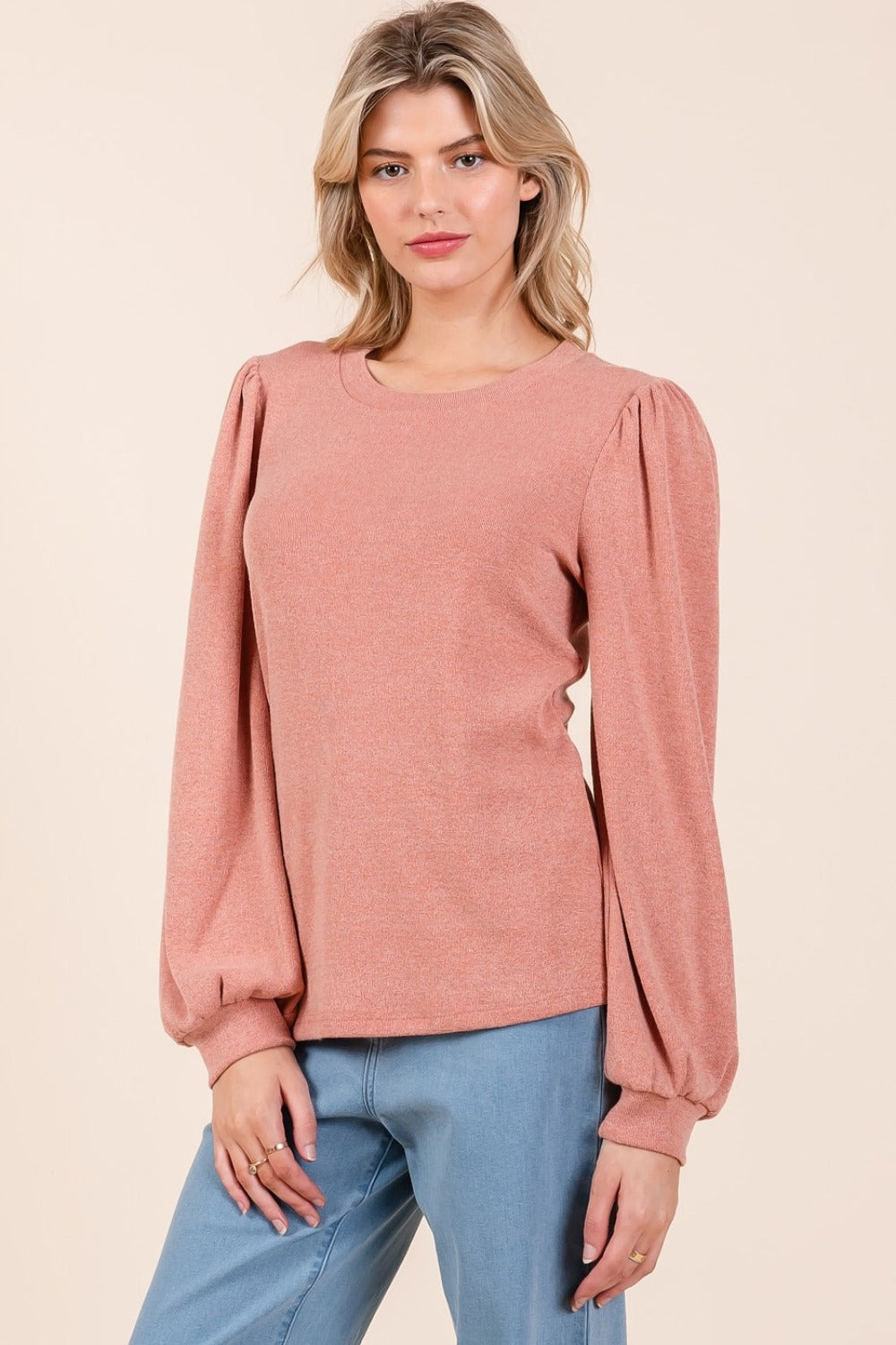 Round Neck Long Sleeve Rib Knit Top