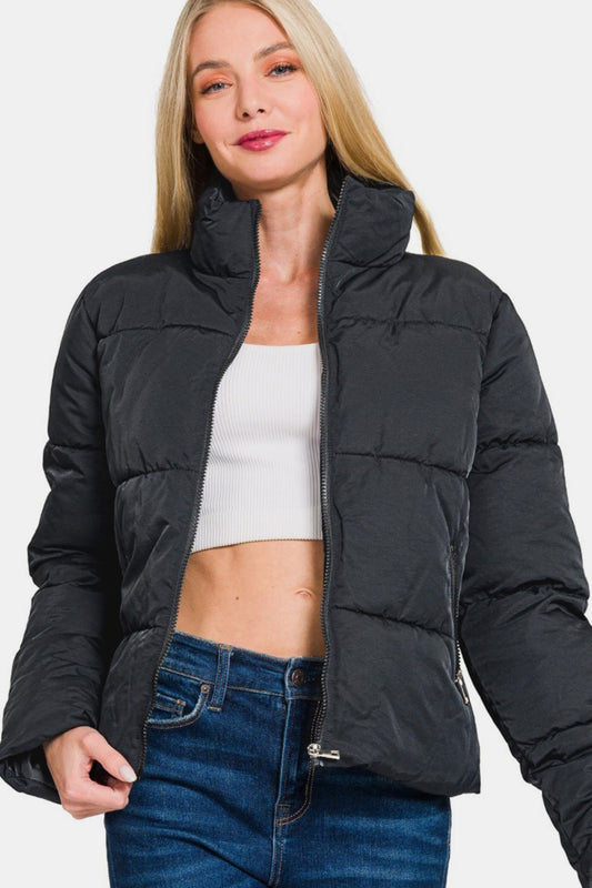 Zip Up Turtleneck Puffer Jacket with Pockets