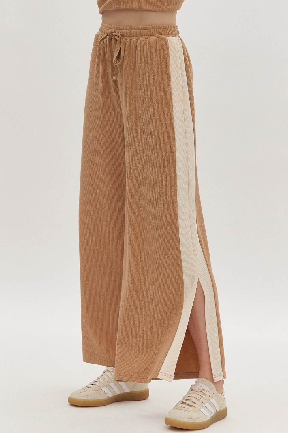 Solid Ribbed Contrast Trim Wide Leg Pants in Camel