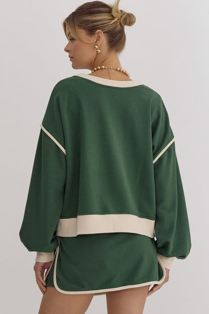 Solid Contrast Trim Long Sleeve Top in Hunter Green