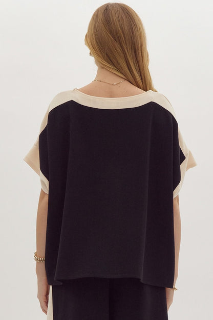 Solid Ribbed Contrast Trim Boatneck Top in Black