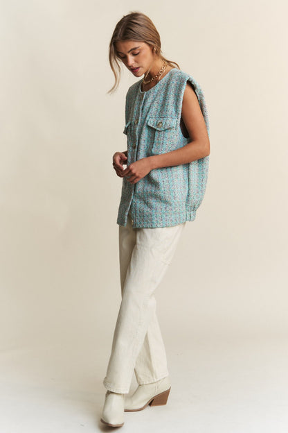 Frayed Tweed Padded Shoulder Vest