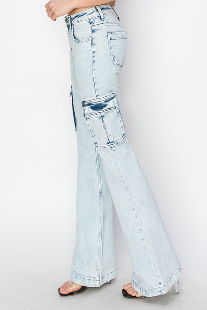 RISEN High Rise Cargo Flare Jeans